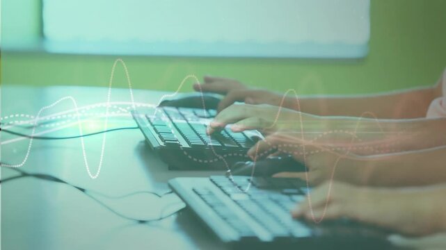 Students starting typing on keyboards and clicking mice for learning, waveform pulsing over keys