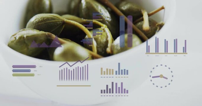 White bowl rising and filling frame, infographics shifting to reveal capers for food marketing