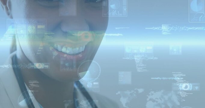 Camera panning upward revealing doctor with stethoscope smiling while HUD overlaying medical data