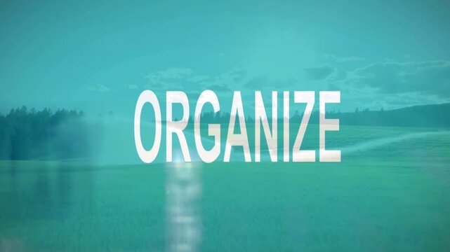 Animated text blocks shifting and rotating over teal field, timed shift showing business strategy