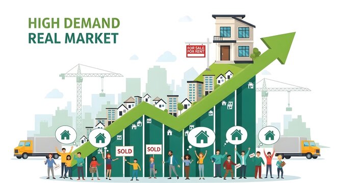 An energetic illustration shows a high demand real estate market with growing property values and happy people