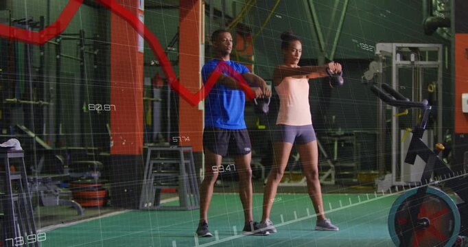 Gym partners starting hip hinge doing synced kettlebell swings for strength with red graph overlay