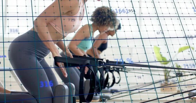 Front woman starting from kneeling on reformer training hinging pulling grid data overlay tracking