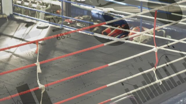 Infographic overlay fading, boxing ring and gym revealing while boxer in red preparing training