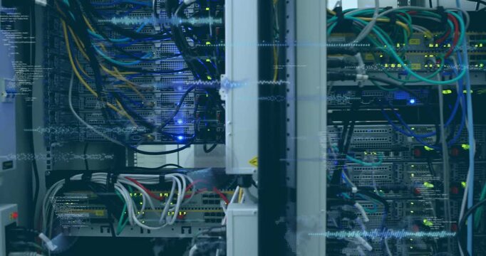 Camera panning right revealing rack cluster, waveforms overlaying cables showing network traffic