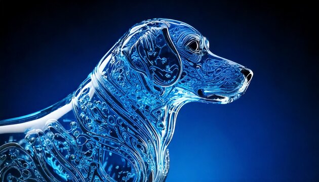 Futuristic glass art of a canine with glowing blue energy veins