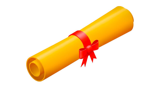 Illustration of a rolled up diploma with a red ribbon tied around it isolated on transparent background