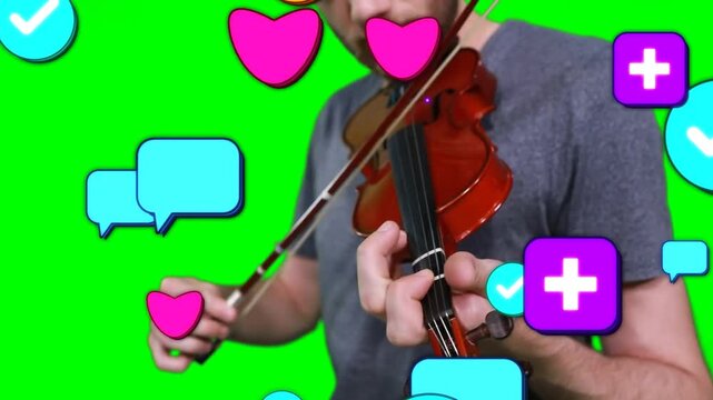 Musician playing violin while icons appearing at edges and floating over frame, showing engagement