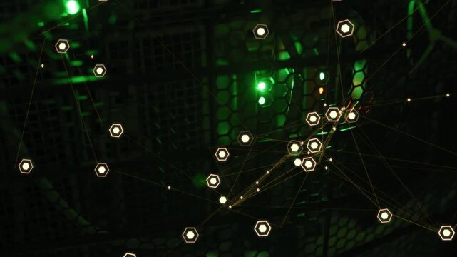 Animating glowing network overlay forming denser hex nodes over server rack with gold lines