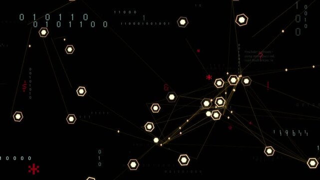 Right hex hub brightening after pulse, sending gold pulses and spawning code panels, showing growth