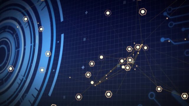 Hex nodes pulsing and linking after start pulses, moving right, forming mesh on grid showing flow