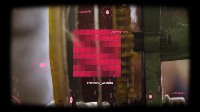 Camera panning right, ATTENTION_WEIGHTS grid tracking thread and gear while HUD panels analyzing ML