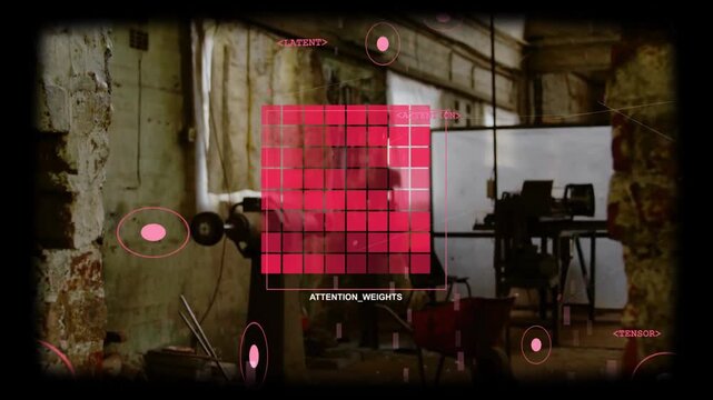 ATTENTION_WEIGHTS grid appearing over workshop pulsing cells guiding pink HUD nodes for AI training