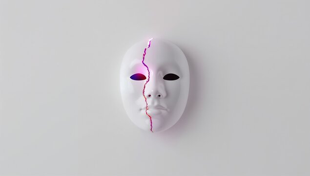Cracked mask with glowing light symbolizing duality and identity