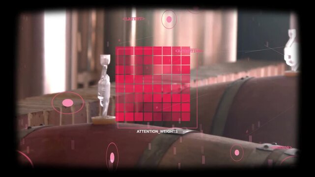 ATTENTION_WEIGHTS grid appearing over brewery barrel pulsing as pink nodes tracking airlock for AI