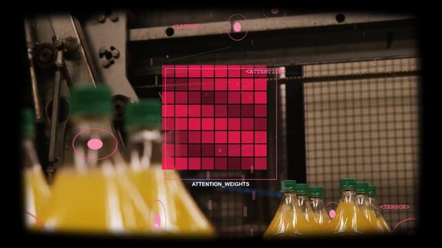 Conveyor moving, yellow bottles shifting, ATTENTION_WEIGHTS grid analyzing for quality in bottling