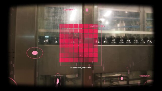 Camera panning right via glass, revealing conveyor while ATTENTION_WEIGHTS pulsing for bottling QC