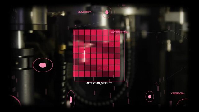 Training_log updating feeding AI pulsing ATTENTION_WEIGHTS grid while pink nodes orbiting metal