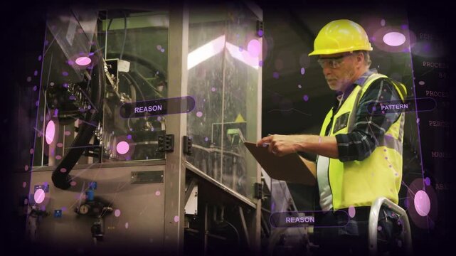 Senior tech doing check on factory machine, inspecting and noting log while pink markers overlaying