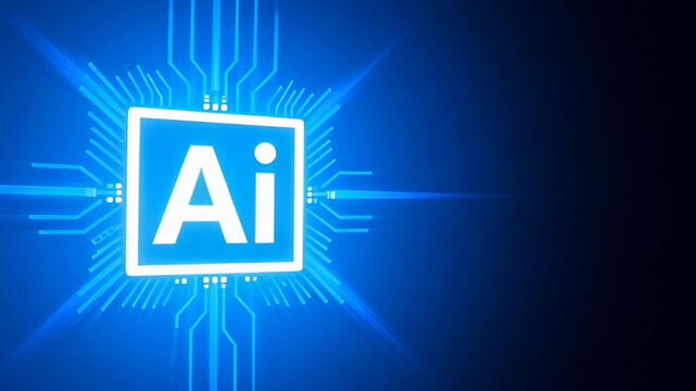 Futuristic AI Technology Symbol on Blue Circuit Background