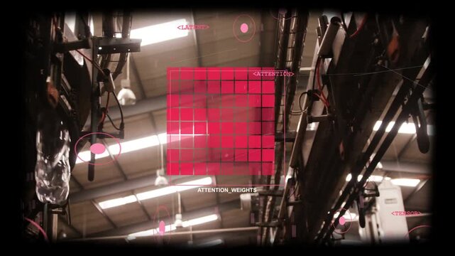 Scanning overhead conduits and hanging hoses at factory, displaying red attention grid and pink HUD