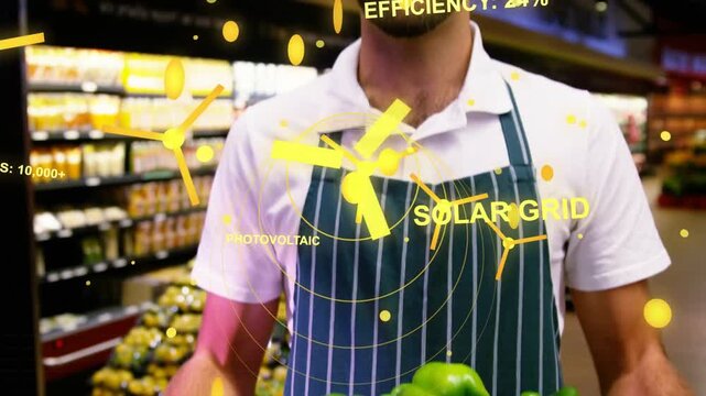 Grocery clerk holding crate of peppers, activating yellow HUD orbiting chest showing SOLAR GRID 24%