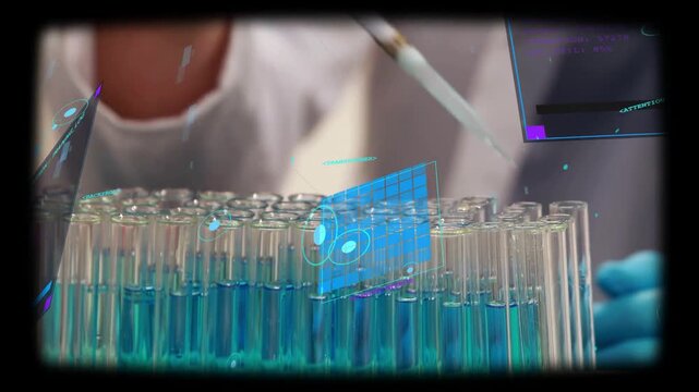 Lab tech inserting pipette and pipetting across test tube rack, HUD tracking transfers for assay
