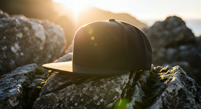 Black snapback hat outdoors on rocks sunlight background mockup hat mockup mockup cap hat template fashion clothing baseball front sport isolated blank