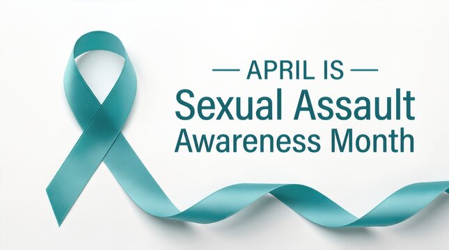 Teal ribbon symbolizing Sexual Assault Awareness Month with text stating "April is Sexual Assault Awareness Month" on a clean white background