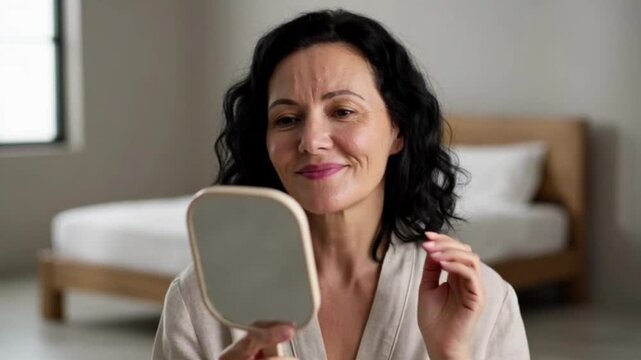 A new mother accepts postpartum body changes while looking in mirror