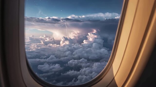 同じ機窓から積乱雲の回廊と遠い稲光を臨むダイナミックな空