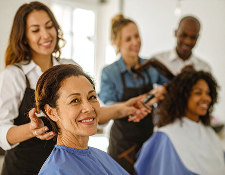 A radiant mature woman smiles during a premium salon makeover. This image captures empowerment, expert care, and diversity, making it ideal for highend lifestyle and wellness campaigns.