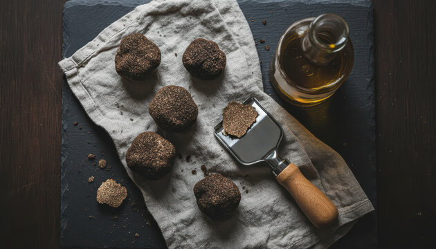 Fresh black truffles with a truffle slicer and a bottle of truffle oil on a dark slate background