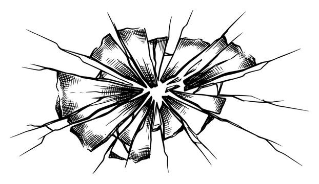 Shattered glass impact with radial cracks and sharp shards in clean line art style