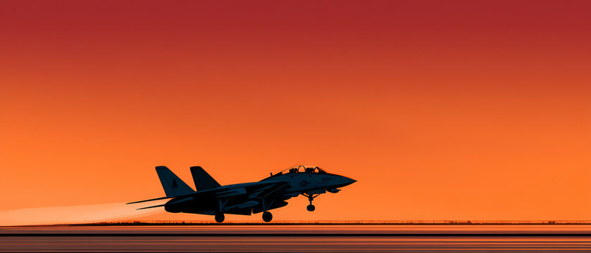 Minimalist F14 Tomcat fighter jet ascending from runway in desert aviation technology vector illustration