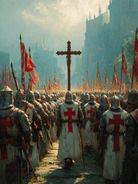 Medieval crusader knights marching with banners and crosses battlefield scene