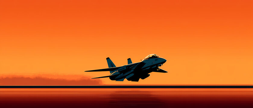 F14 Tomcat fighter jet launching from aircraft carrier on ocean technology minimal art