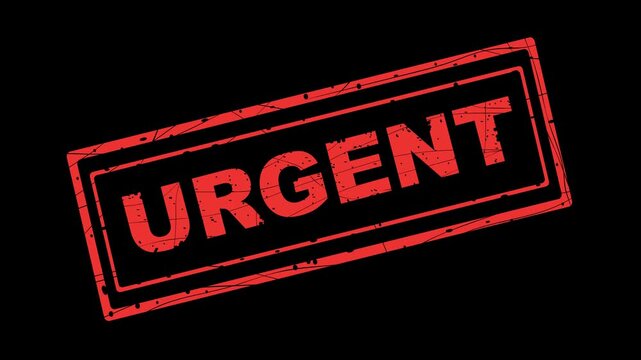 professional 2d animation of a red urgent rubber stamp hitting the surface with a realistic ink texture and impact effect on transparent background for easy overlay in video projects