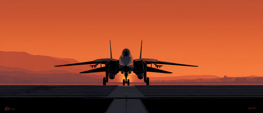 Minimalist F14 Tomcat fighter jet ascending from runway at sunset aviation technology vector art