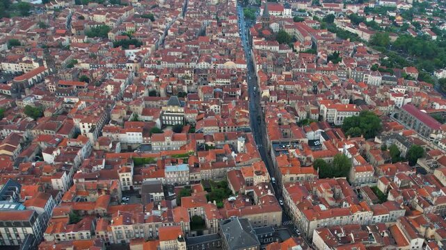 A panorama aerial view of the City Riom in France. On a cloudy morning  in summer beside the old town.