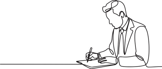 Businessman writing notes continuous one line drawing. Businessman making notes in single line art illustration. One line draw graphic design vector © Misho x Mamun