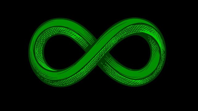 green infinity symbol animation in hand drawn sketch style with black fill hatching texture loop video on transparent background with alpha channel for motion graphics and education