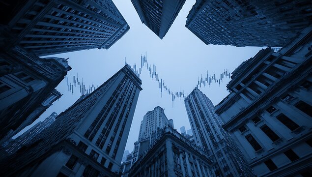 Real estate, development and investing concept with financial chart indicators and stock market graphs on city skyscrapers tops bottom view, double exposure