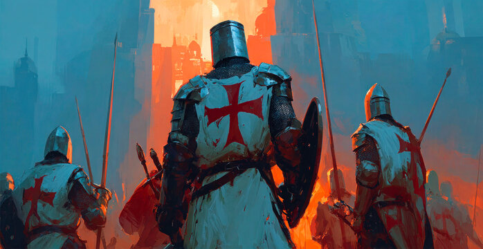 Medieval templar knights army marching at sunset battlefield scene