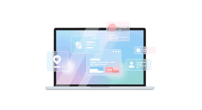 Laptop Displaying Data Analysis with Overlaid User Interface Elements for Modern Software Application and Design Presentation UX Design Concept