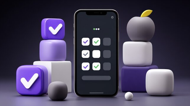 Three dimensional digital interface elements surround a modern smartphone displaying a selection grid with confirmation icons