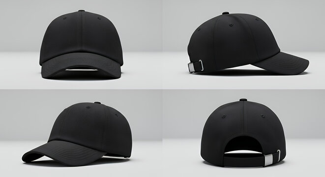 Black baseball cap in four different angles views mock up hat mockup mockup cap hat template fashion clothing baseball front sport isolated blank
