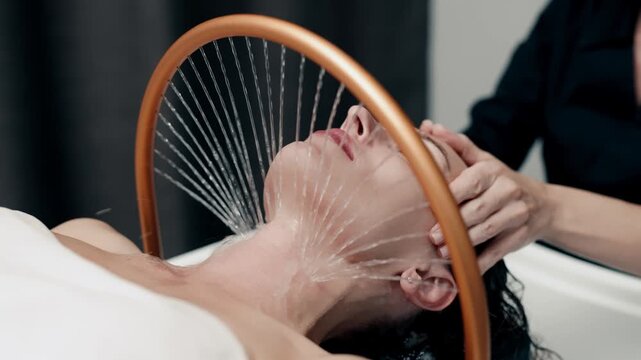 Hydro massage device creating smooth water flow during facial treatment, spa technology concept.
