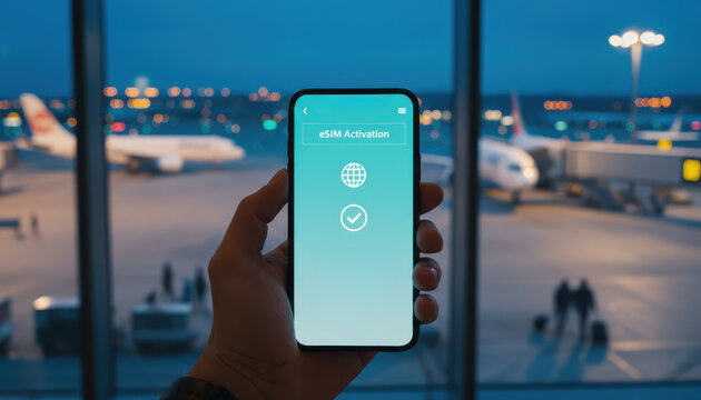 Closeup of a person holding a smartphone showing an esim activation screen at an airport terminal at night