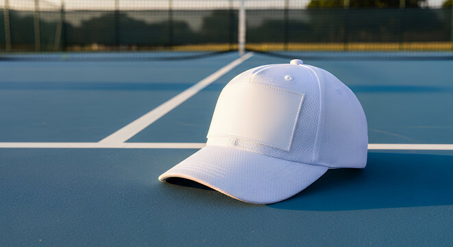 White sporty cap with space for mock up on tennis court surface outdoor generative ai hat mockup mockup cap hat template fashion clothing baseball front sport isolated blank